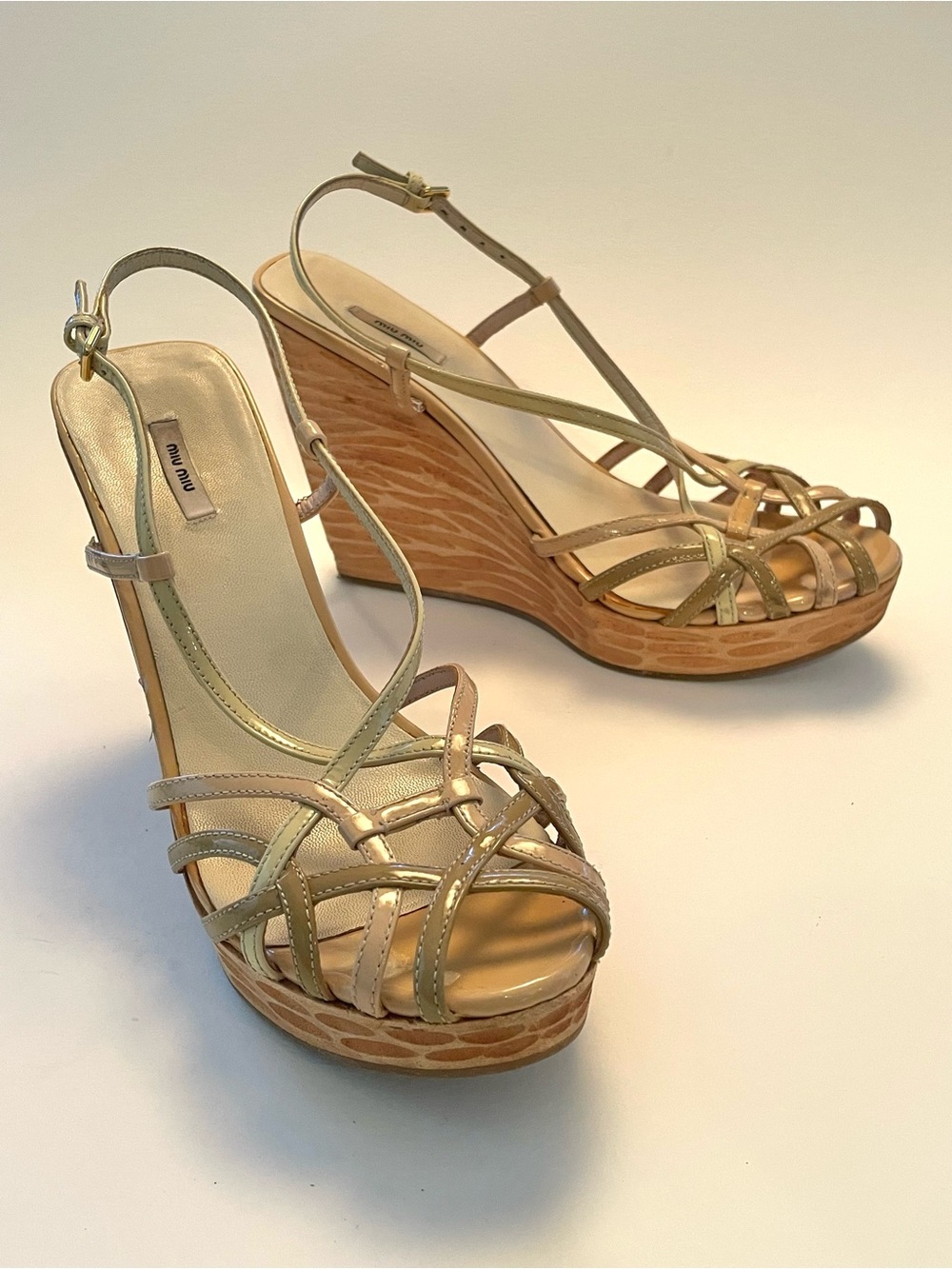 Vintage Miu Miu Wood Carved Strappy Sling Back Wedges
